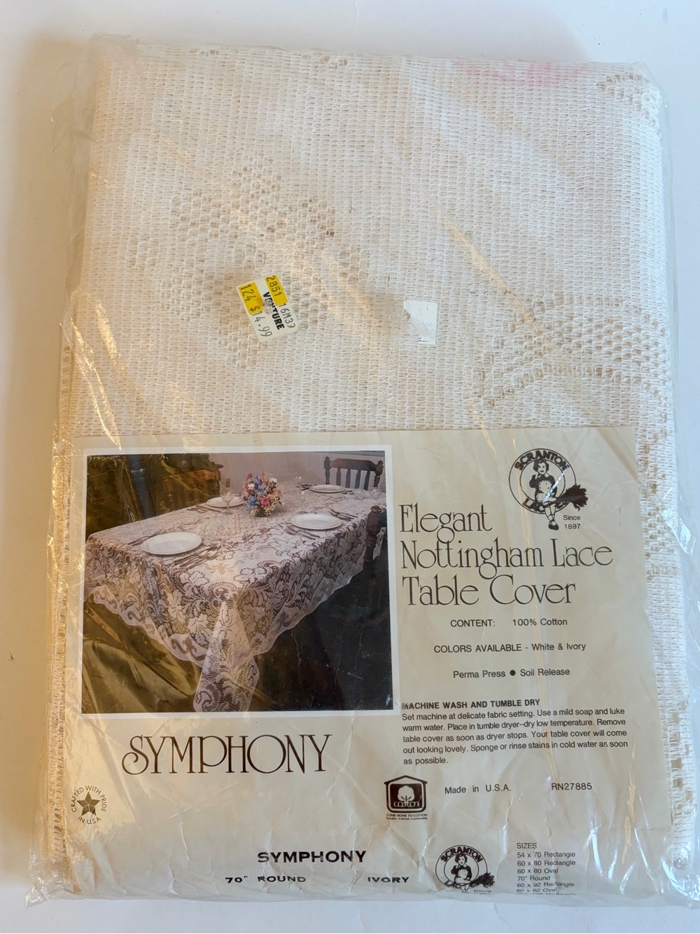 VTG Scranton Lace Tablecloth 70" Round Ivory Cotton Nottingham Symphony NOS